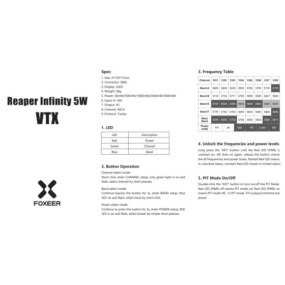 Foxeer Reaper 5W 40CH 5.8G for Long Range RC Drone 25/500/1500/3000/5000mW 9~36V Fan Drones Accessories